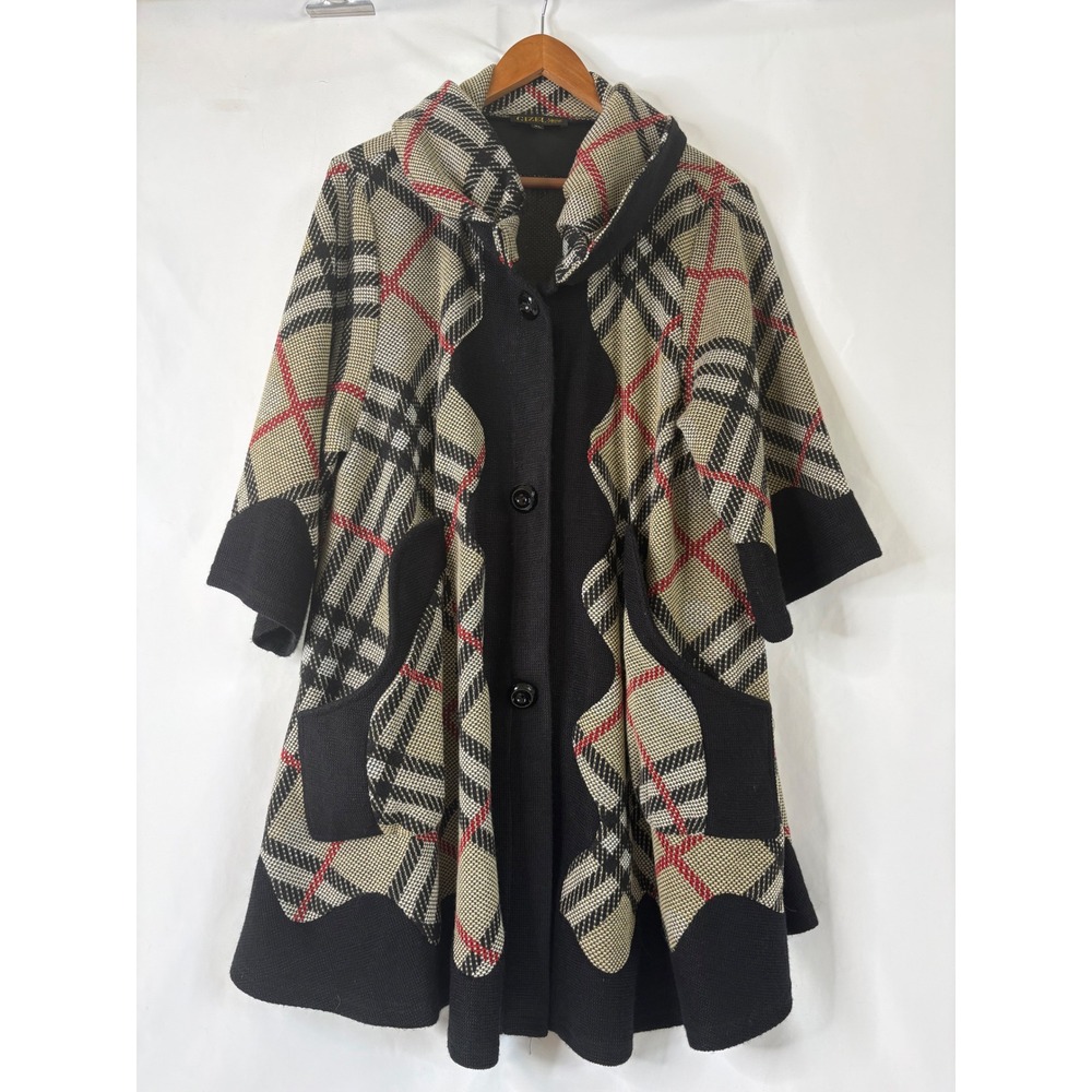 Gizel Plaid Knit Cardigan Coat Poncho XL Black Tan Button Front Shawl Collar